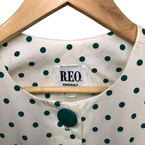 REO Originals Vintage 80s Preppy Short Sleeve Pleated Green Polka Dot Dress 12 - Picture 7 of 14